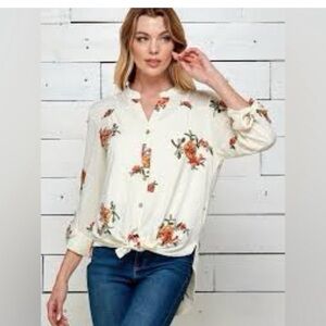 Fig and Flower Floral Button-Front Tunic Top - Cream with Orange Floral
